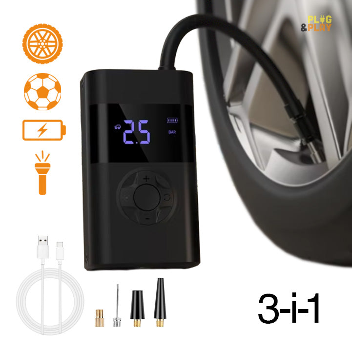 AirMaster – 3-i-1 Portabel Luftkompressor med Powerbank & Ficklampa