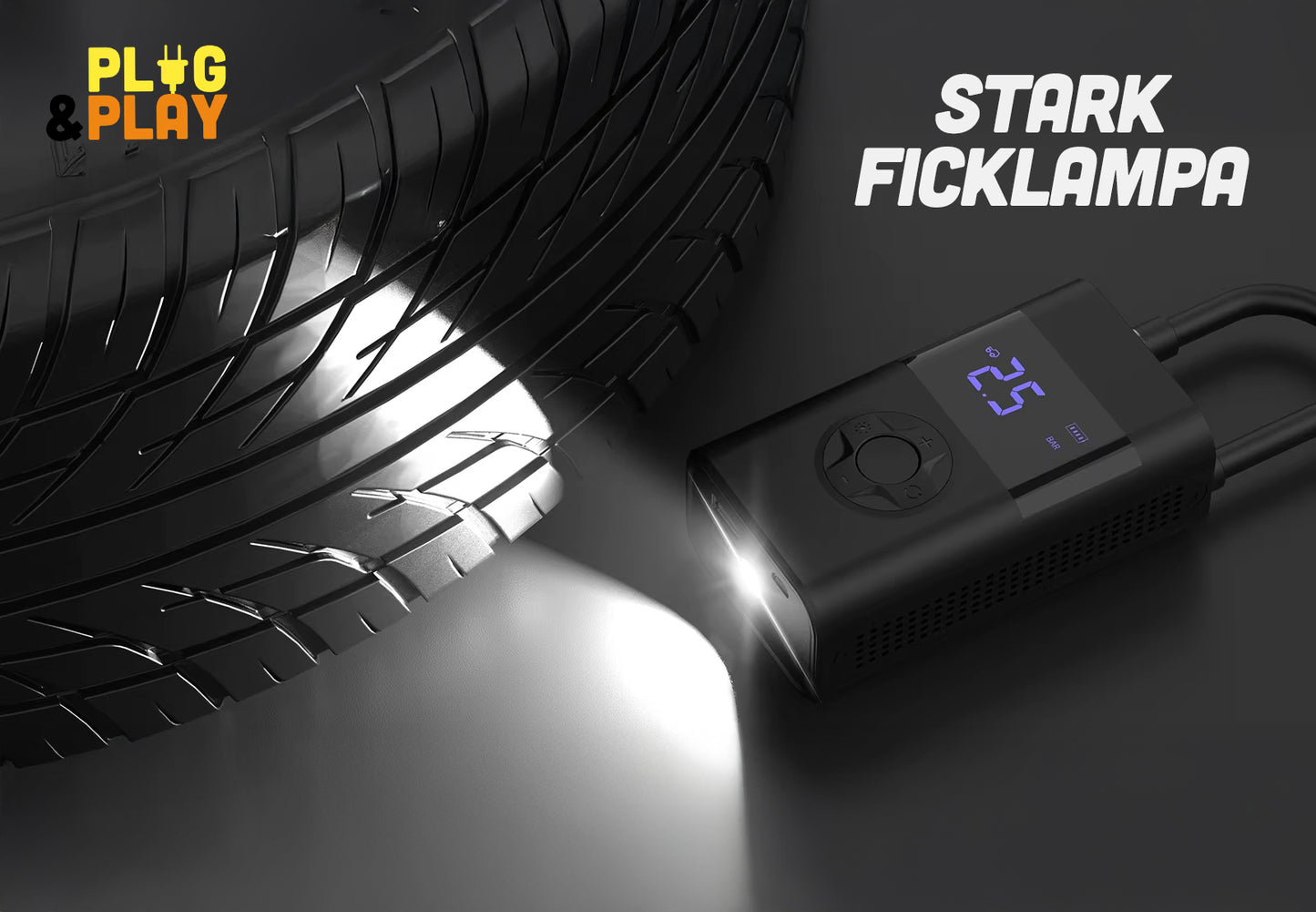 AirMaster – 3-i-1 Portabel Luftkompressor med Powerbank & Ficklampa