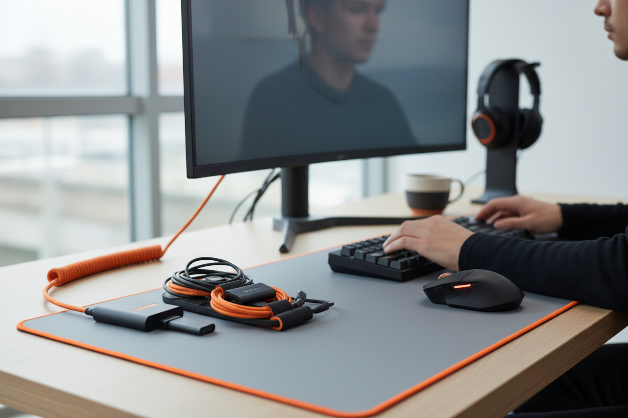 Arbetsplats-bild med tangentbord, kablar, små prylar
Snygga miljöbilder av teknik, men anonymt
Vissa detaljer är orange
Om människor syns så syns bara händer eller personer bakifrån, inga ansikten.