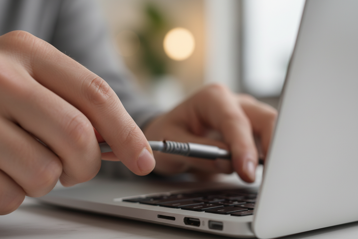 En närbildbild på någons händer som kopplar in en kabel i en laptop eller kamera. kort skärpedjup