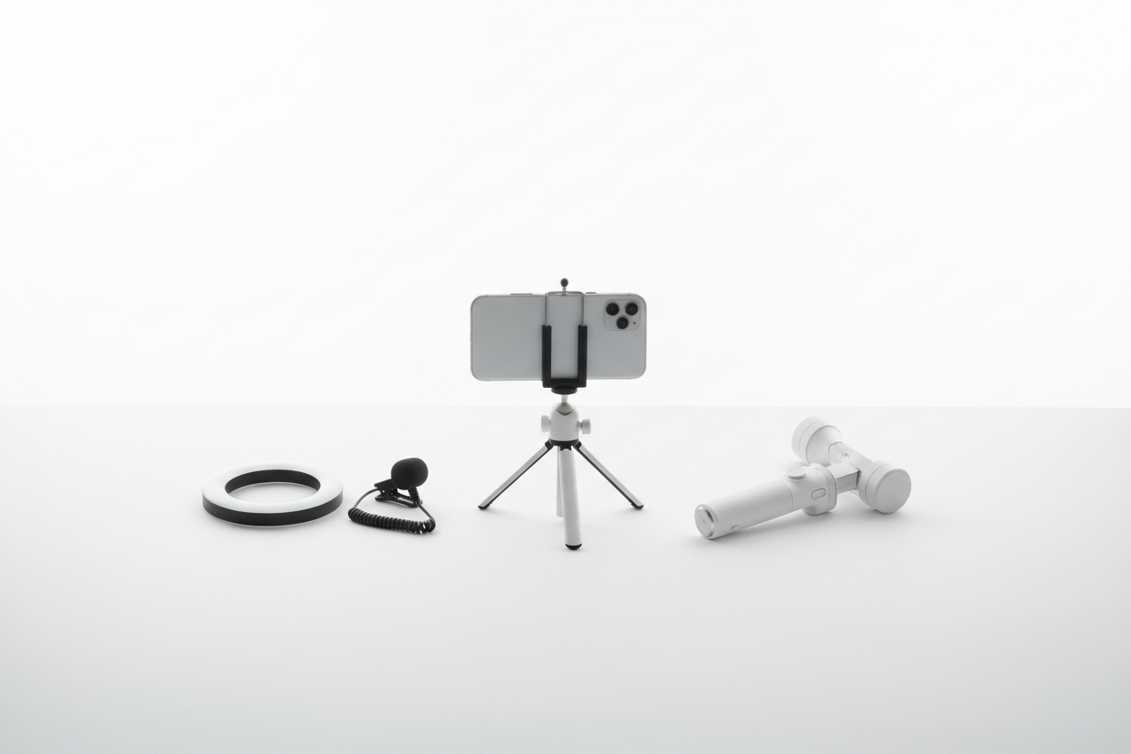 enkla kamerakillbehör och tillbehör för att filma med mobil. bordsstativ, enkel belysning och mikrofon etc
