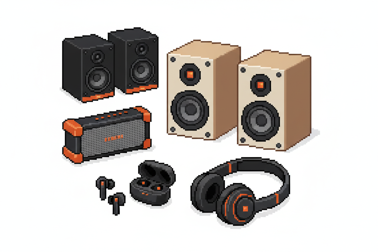Gör en bild med vit bakgrund och i 16-bit stil. På den vita bakgrunden är olika sorters moderna högtalare och hörlurar, som sagt också i 16-bit. Färgerna är neutrala förutom vissa detaljer som är orangea.