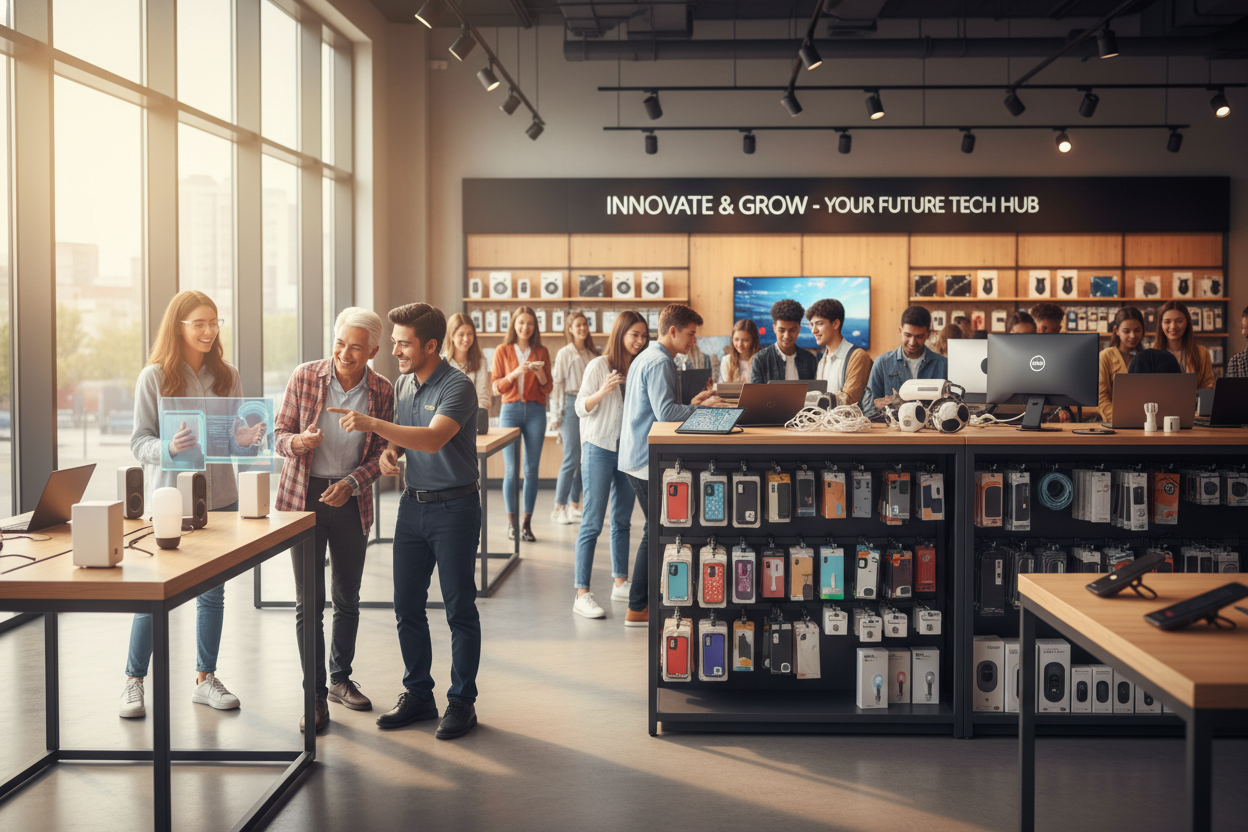 mer något fotorealistiskt, som passar texten "Vi vill fortsätta växa, bredda sortimentet och utveckla ännu fler smarta lösningar som gör tekniken enklare för alla.

Vi kommer fortsätta lyssna på våra kunder, testa nya produkter och utöka med fler kategorier där plug-and-play-filosofin gör skillnad. Plug&Play Store ska bli en butik man återkommer till — inte bara för priset, utan för känslan och servicen."