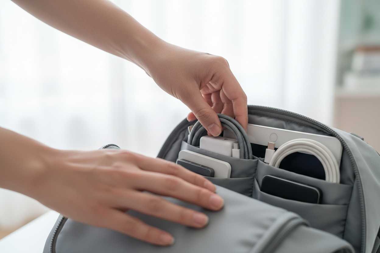 Någon som packar ner teknikprylar i en ryggsäck.
Närbild på händer, kort skärpedjup. Ljus, luftig bild