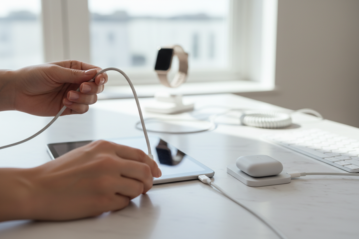 Närbild på händer som kopplar in teknikprylar
Kort skärpedjup
Ljus, luftig, clean tech-estetik