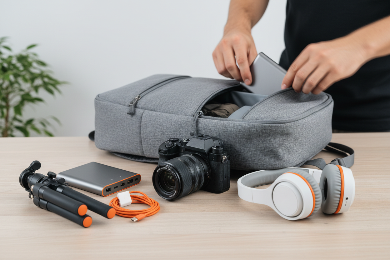 Ryggsäck öppen med teknikprylar
Bord med kamera, stativ, powerbank, hörlurar 
Händer som packar, rörelseoskärpa
Några detaljer är orangea i en annan stilren bild.