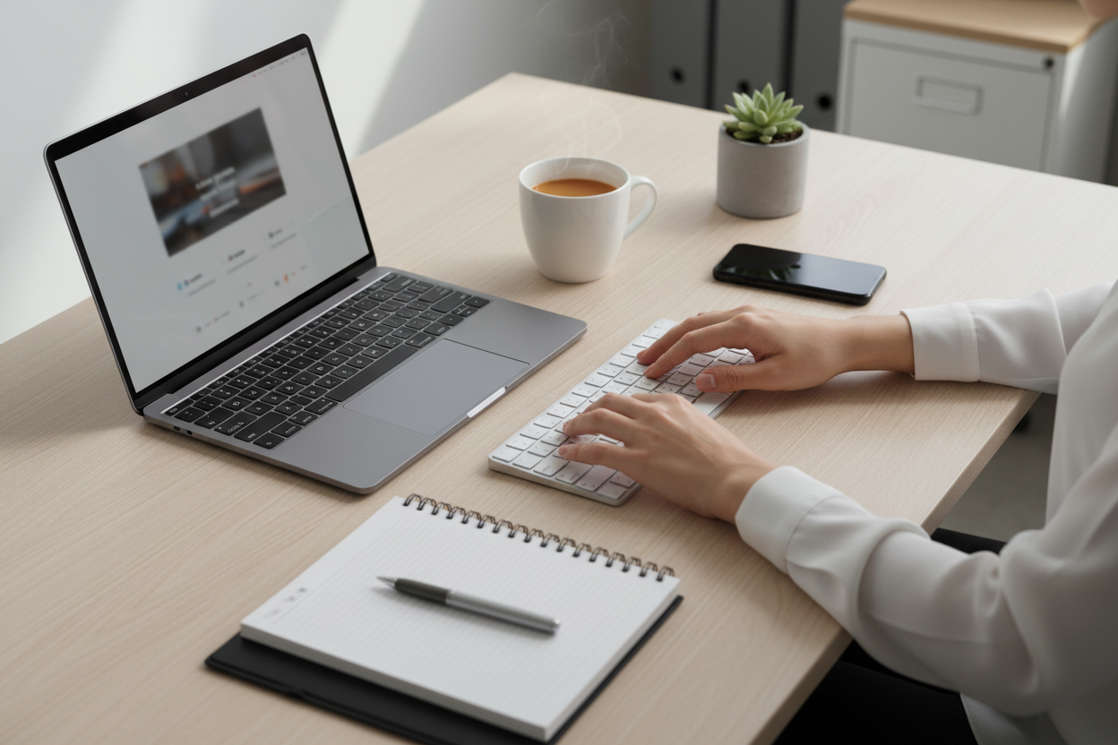 Team-/arbetsplatsfoto som inte visar människor, utan istället typ saker som händer över tangentbord, arbetsbord med prylar etc.)