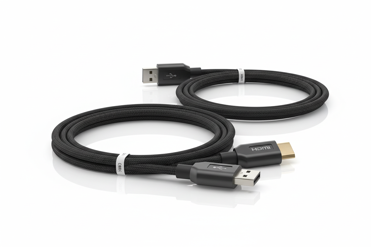 USB C sladd och HDMI sladd på vit bakgrund